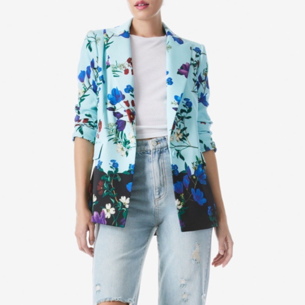 Alice + Olivia Floral Light Blue and Black Blazer